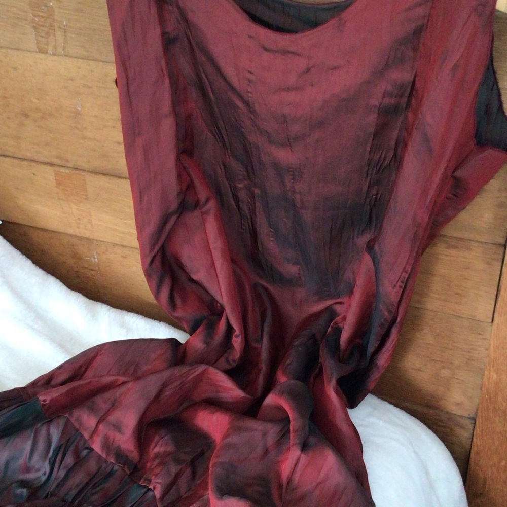 Lee Andersen Women's Wine Cabernet and Teal Satin Ruched Tiered Maxi Dress S - Picture 4 of 16